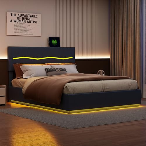 LLODERY Polsterbett Doppelbett 140x200 cm mit LED Beleuchtung und USB Ladeanschluss, Hydraulisches Stauraumbett/LED Bett, Bett mit Stauraum und Lattenrost, Jugendbett ohne Matratze, PU Leder, Schwarz