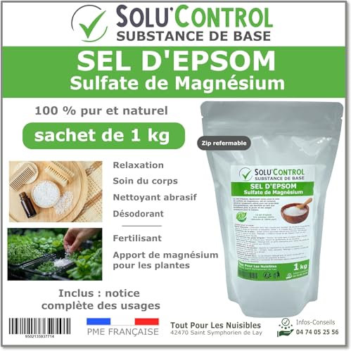 Sel d'Epsom 1 kg - Solu'Control - Sulfate de Magnésium 100% Pur et Naturel - Relaxation, Soin du Corps, Déodorant, Fertilisant et Apport en Magnésium pour Plantes - Sachet avec Zip Refermable