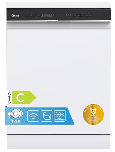 Midea 60cm Freestanding Dishwasher, 14 Settings, White | Wi-Fi Connected With 44dB Quiet Operation, Intensive Wash & Adjustable Basket – Energy-Efficient, Fits Standard UK Kitchens [Energy Class C] | Wi-Fi Connected With 44dB Quiet Operation, Intensive Wash & Adjustable Basket – Energy-Efficient, Fits Standard UK Kitchens