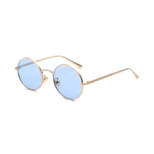 WDZAYXC Retro Runde Metallrahmen Sonnenbrille für Damen und Herren,UV400 Schutz (Gold/Blau)