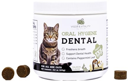 Vigor & Vitality Oral Hygiene Dental Treats For Cats, Supports Fresh Breath, Healthy Gums, Overall Dental Hygiene. 135 Chews (Salmon Flavour)