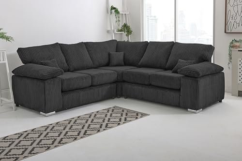 Oxford Black Jumbo Cord Sofa | Foam-Filled Cushions & Chrome Feet | Comfortable Padded Design | 2 Seater, 3 Seater, 3+2 Seater, Corner Sofa Set – Soft Fabric Couch for Living Room(Black, Corner)