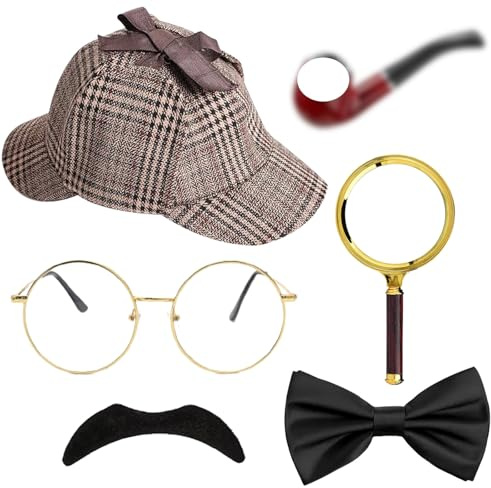 Detektiv kostym tillbehörsset, detektiv fin klänning kit med detektiv hatt falsk mustasch båge slips rör glas runt handtag förstoringsglas för barn vuxna halloween cosplay karneval festkläder