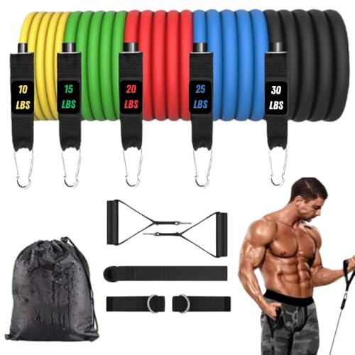 Elastische Bänder für Muskelaufbau – Widerstandsbänder für Heimtraining – 5 Stufen mit Griffen, Knöchelriemen, Anker und Tasche – elastische Fitness- und Trainingsbänder