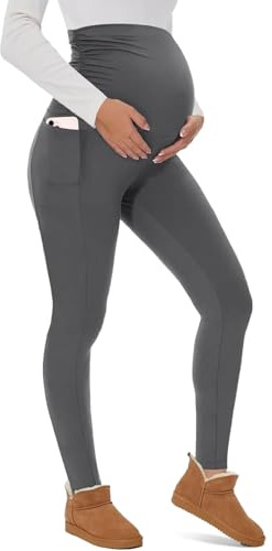 CheChury Legging Grossesse Femme Taille Haute Leggings Maternité Opaque Elastique Pantalon Grossesse Chauds Hiver Leggings Doublés de Molleton Femme Enceinte Legging Polaire avec Poches Yoga Maison