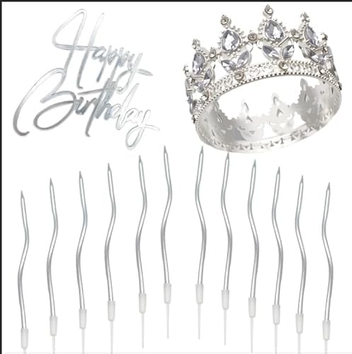 Decoración para Tartas con Corona,12 Velas de Cumpleaños en Espiral Plateadas,Mini Corona con Estrás para Cumpleaños,Bodas,Aniversarios De Bodas,Decoración de Fiestas