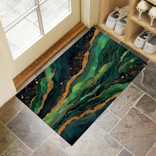 CEDNXOER Fußmatte Innen Waschbare, Dünn Fussmatte Dunkelgrün, 80x120 cm Teppich Marmor Bettvorleger rutschfest für Schlafzimmer, Luxus Streifen Fußmatten Innen für Haustür, Küche