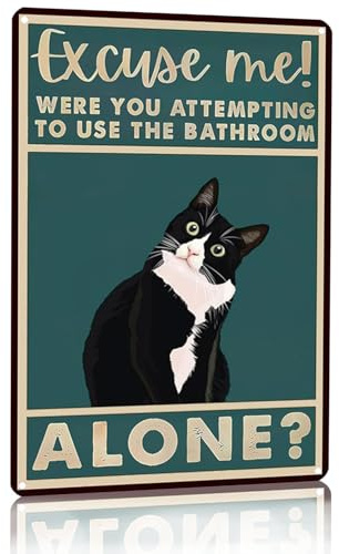 Funny Cat Bathroom Decor Sign, Tuxedo Cat Wall Art Rust-Proof Metal Wall Decor, Black Cats Decor for Bathroom, Shower Room, Toilet Easy to Install