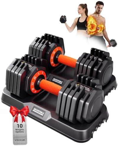 2026 Upgrade Adjustable Dumbbell Set 25lb/55lb, Small Increment in 3-6lb, 1 Hand Quick-Dial, 10-in-1 Adjustable Dumbbells with Tray, Anti-Slip Grip for Home Gym HIIT Strength Training
