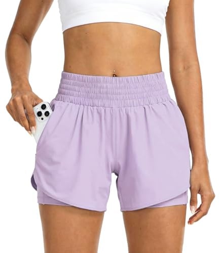 GOZINA Womens 2-in-1 Running Shorts with Phone Pocket, Lightweight Gym Yoga Ladies Sports Shorts for Running, Hiking & Training (M, Purple)