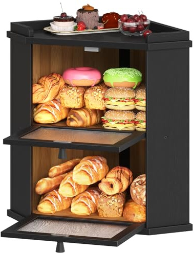 HOOBRO Panera, Caja para Pan de Bambú, Doble Nivel, con Compartimento Superior, para Cocina y Comedor, 32 x 32 x 44 cm, Negro EBK19MB01