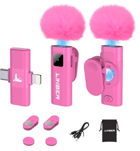 Linber Pink Wireless Lavalier Microphone for iPhone, Noise Cancelling | Crystal clear audio with noise reduction, plug and play with Lightning connector, perfect for TikTok and vlog
