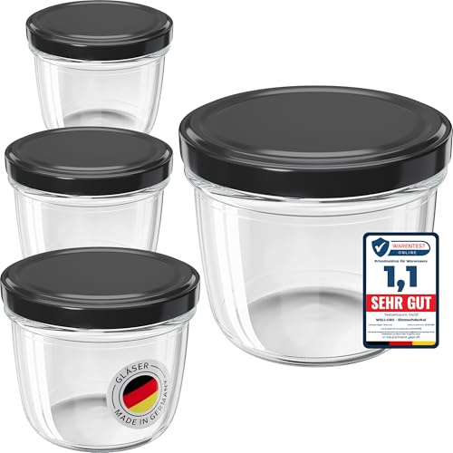 WELLGRO 50x Einmachgläser 230ml – Schraubdeckel TO82 schwarz – Made in Germany – Vorratsgläser, Marmeladengläser, Aufbewahrungsgläser & Gärgläser
