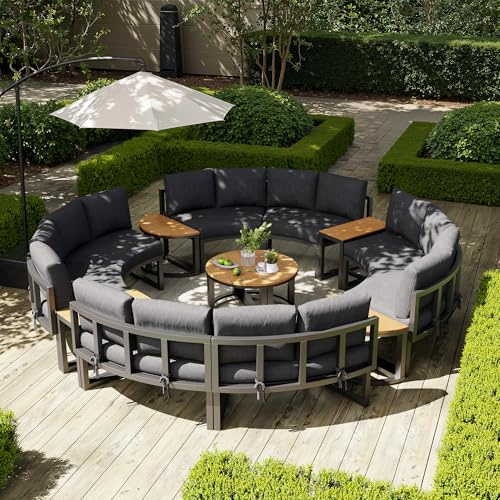 FammyLoft Gartensofa Set für bis zu 12 Personen, Rundes Outdoor Sofa mit Verstellbaren Füßen, Gartenlounge Set mit Rostfreiem Metallgestell, Terrassenmöbel Wetterfest, für Balkon Terrasse, Grau
