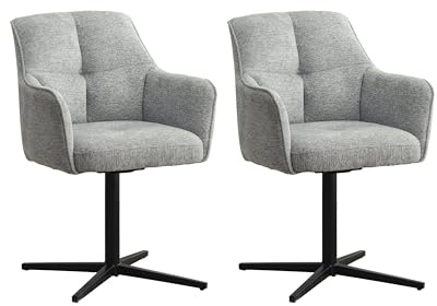 byLIVING 2er-Set Esszimmerstuhl Mexico, Stativfuß Metall Schwarz, B 65 | Polsterstuhl mit Armlehnen, 360° drehbar, Taschenfederkern-Polsterung, Strukturstoff Grau, H 87, T 67 cm