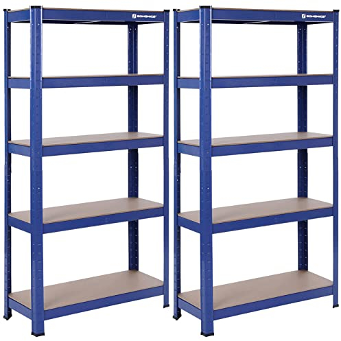 SONGMICS 5-Tier Shelving Units, Set of 2 Steel Shelving Units for Storage, Tool-Free Assembly, for Garage, Shed, Load Capacity 650 kg, 30 x 75 x 150 cm, Blue GLR60Q