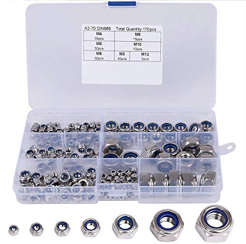 Kontermutter Set, 170 Teilig M3 M4 M5 M6 M8 M10 M12 304 Edelstahl Selbstsichernd Kontermutter Nylon Sechskantmutter Muttern Sortiment Schrauben