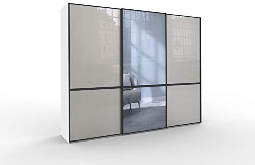 WIEMANN Montreal Kleiderschrank, Schwebetürenschrank, Schlafzimmerschrank, mit Schiebetüren, mit Spiegel, Breite 300 cm, weiß, Glas Kieselgrau, Griffe schwarz, B/H/T 300x236x67 cm