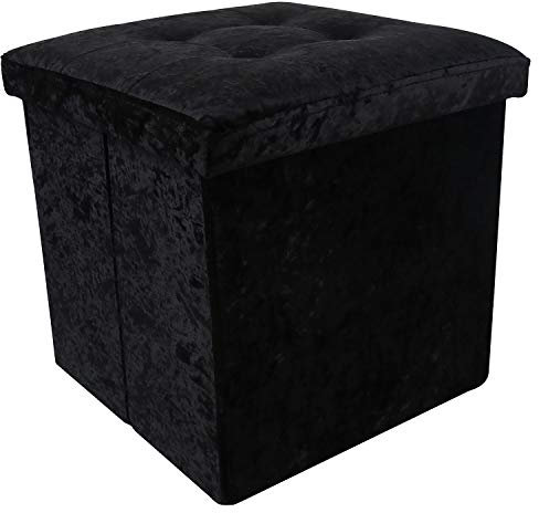 DANIEL JAMES Housewares Crushed Velvet Ottoman Foot Stool Storage Box Furniture Seat Rest Cube Foldable (Black)