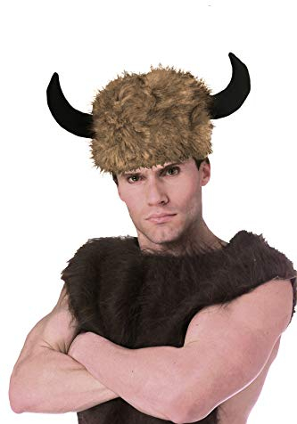 shoperama Kunstfell Mütze mit Büffel Hörnern Wikinger Faun Widder Pelz-Kappe Cosplay Fantasy JGA Kostüm-Zubehör