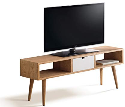 HOGAR24 ES Argos-Mesa televisión, Mueble TV salón diseño Vintage, Cajón y Huecos, Madera Maciza Natural. 110 x 40 x 30 cm.