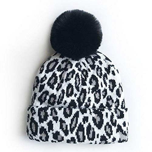 LUMoony MoonyLI Kinder Winter Strickmützen Leopardenmuster Cuffed Beanie Pelz Ball Pom Pom Cap Unisex Kinder Beanie Hut Kappe Warme Winterhüte