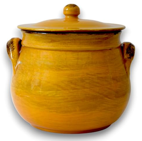 Colì, Pentola Bombata in Terracotta con Coperchio, Pentola Artigianale, Giallo Ocra Terre Antiche, Diametro 24 cm