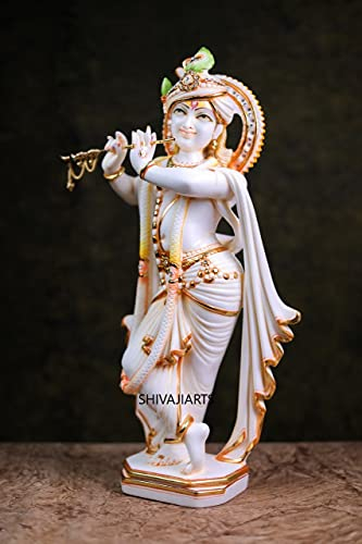 Krishna-Statue – 43,2 cm stehender Marmor-Lord Krishna Murti, Spielflöte Hase, Krishna Idol Hindu-Gott, Krishna-Figur, Vishnu Avatar