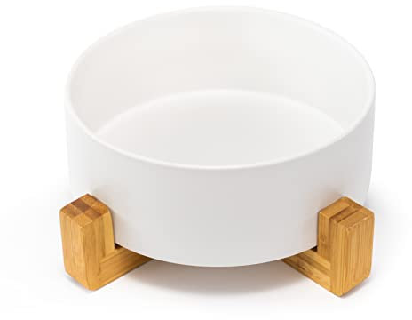 SPUNKYJUNKY Keramik Hundenapf mit Bambus Ständer für Große Hunde (1800ml, Weiß)