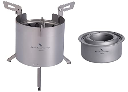 iBasingo Poêle à bois de camping en titane avec support amovible et pieds pliables - Double paroi - Brûleur à alcool léger - Pour le camping - Pour le camping et les randonnées