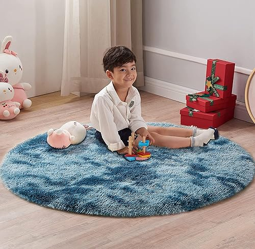 lightlux Shaggy Hochflor Teppich Rund für Kinderzimmer Wohnzimmer Schlafzimmer Langflor Teppich Hochwertig Hohe Pflegeleicht Fadendichte Flauschiger kinderteppich für Kinder Mädchen(Blau, 122cm)