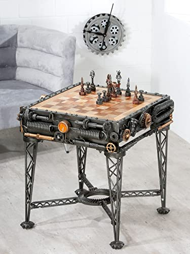 Megafuchs Metall Schachtisch Steampunk grau, Schachbrett naturfarben aus Mangoholz, inkl. Schachfiguren, Unikate Sonderanfertigung