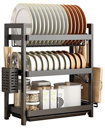 Tuzsocr Escurridor de platos de 3 niveles, estantes de acero al carbono con tabla de drenaje y soporte para cubiertos/tabla de cortar sobre fregadero, escurridor de platos grande a prueba de óxido