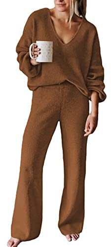 Viottiset Damen Lässiger Lose Pyjama Trainingsanzug Langarm Sweatshirts 2-Teilige Outfits Übergroßes Lounge-Set Braun XL