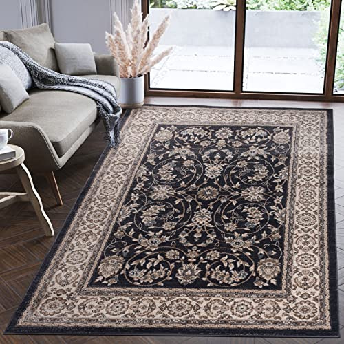 Mazovia Teppich Flur 140x200cm Schwarz Klassisch Traditionell Weich Elegant | Teppich für Eingangsbereich Küche Büro Wohnzimmer Schlafzimmer Pflegeleicht Fußbodenheizungsgeeignet Mittelflor Synthetisch