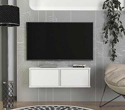 DORPEK Nillo Tv Stand White 90 Cm, 32- 40, Wall Mounted Floating TV Unit, Floating Tv Stand With Cabinet, Entertainment Unit, Living Room, Bedroom, Dining Room