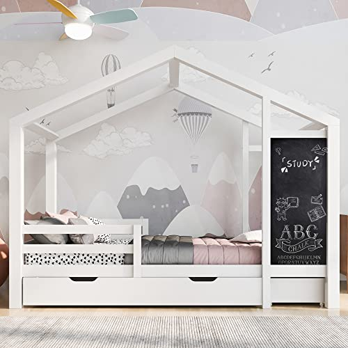 Dolamaní Hausbett 90 x 200 cm mit Tafel und 2 Schubladen, Massivholz mit Zaun und Lattenrost, Weiß (ohne Matratze)