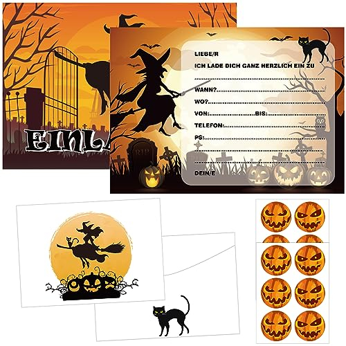 12 Halloween Einladungskarten, Halloween Party Einladungen, Halloween Partyzubehör, Halloween-Grußkarten mit Umschlägen und Halloween-Aufklebern, Einladung für Grusel-Party Kindergeburtstag (A)