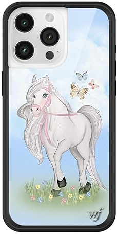 Wildflower Schutzhülle – Precious Pony Hülle, kompatibel mit Apple iPhone 15 Pro Max, Pferd, Blau, Himmel, Weiß, Kokette, niedlich, schützender schwarzer Stoßfänger, 1,2 m Falltest-zertifiziert,
