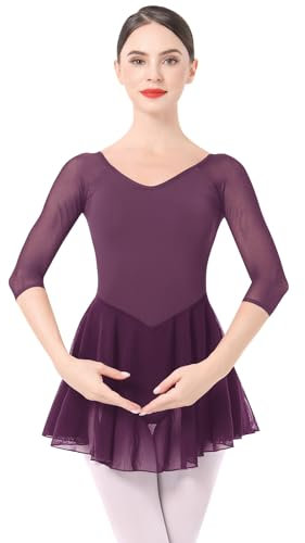 IMEKIS Ballettkleidung Damen Ballett Tanzkleid 3/4 ?rmel Ballettanzug Gymnastik Tanztrikot mit Chiffon Rock Ballettkleid Ballerina Tanzkleidung Fuchsia XL