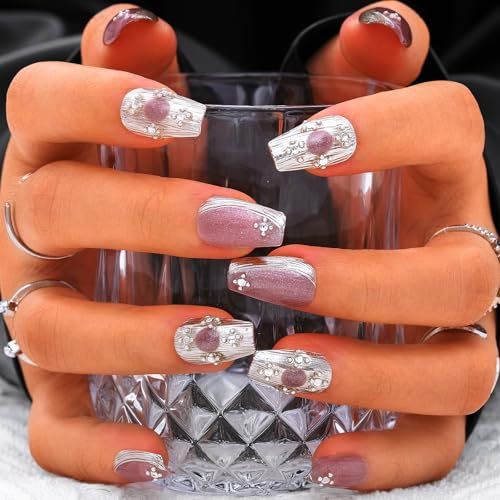 Sethexy Pink Handmade Medium Coffin Press On Nails Acrylic False Nails with Design Glossy Salon Fake Nails for Women and Girls 10PCS (Pink4)