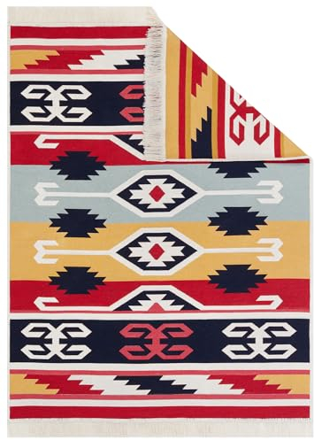 TAPISO Azteca Teppich Kurzflor mit Fransen Baumwolle Beidseitig Anwendbar Waschmaschinenfest Schwarz Rot Bunt Vintage Design Wohnzimmer Schlafzimmer ÖKOTEX 60 x 110 cm