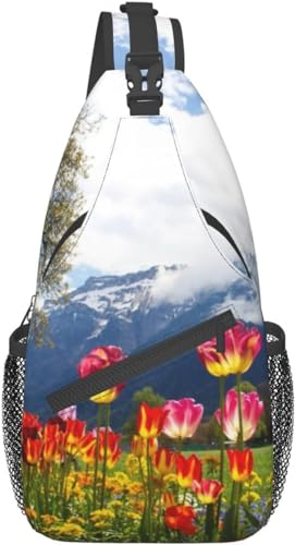 KWQDOZF Sling-Rucksack Umhängetasche Brusttaschen Baum Blumen Natur Landschaftsdruck Sling-Tasche für Reisen Sport