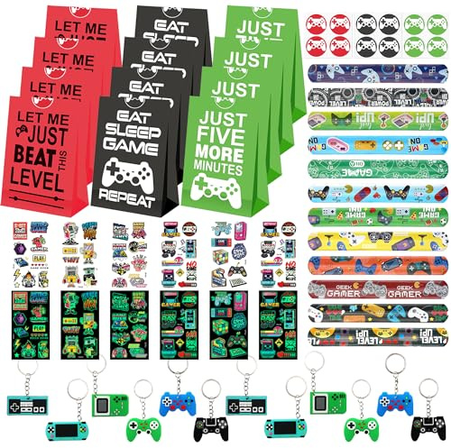 batnite Video Game Party Bag Fillers - 60 Pieces Party Favor Decoration Set Gaming Keychain Tattoo Stickers Slap Bracelets Gift Bags for Boys Kids Birthday Party Supplies Gaming Party Bag Fillers