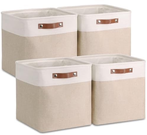 VIIHTYISA Aufbewahrungsbox Stoff, aufbewahrungskorb 25x25x25 cm, Korbe Stoff in Würfel für Schrank, Regal, und Kleidung, Khaki/Weiß 4er Pack