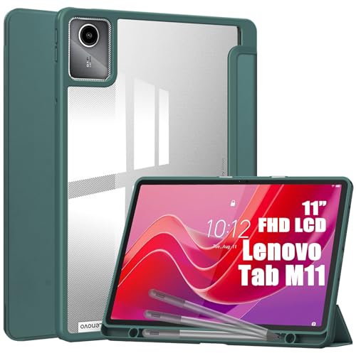 idudao Premium Hybrid Case for Lenovo Tab M11, Hard Shell Cover with Pen Holder Clear Back for 11 inch 2024 TB330FU Tablet PC, Dark Green