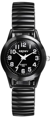 JewelryWe Uhren Damen Elastisch Edelstahl: Analog Quarz Armbanduhr Schwarz Stretch-Armband Damenuhr Schwarz Runde Zifferblatt mit großen weißen Arabischen Zahlen Frauen Geschäfts Lässige Uhr