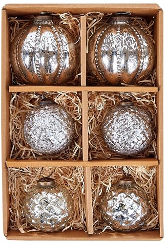 Christbaumschmuck 6er Set Glas Silber Weihnachtskugeln handgemacht Argentin