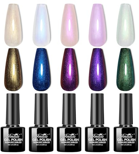 Imtiti Pearl UV Nagellack Set- 5 Farben Transparent Pearl Effect Glitzer Gel Nagellack Blau Lila Rose Gold Grün Mermaid Perlmutt Schimmer Gel Nail Polish mit schwarzem Gellack Soak Off UV Led 6ML