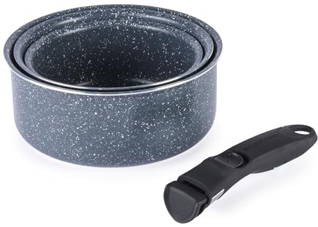 Russell Hobbs Nightfall Stone Saucepan Set – Smart Clip Non-Stick Pans, 16cm, 18cm, 20cm, Stay Cool Detachable Handle, Oven to Hob to Table Cooking, Space Saving Stackable Cookware, RH03294EU7